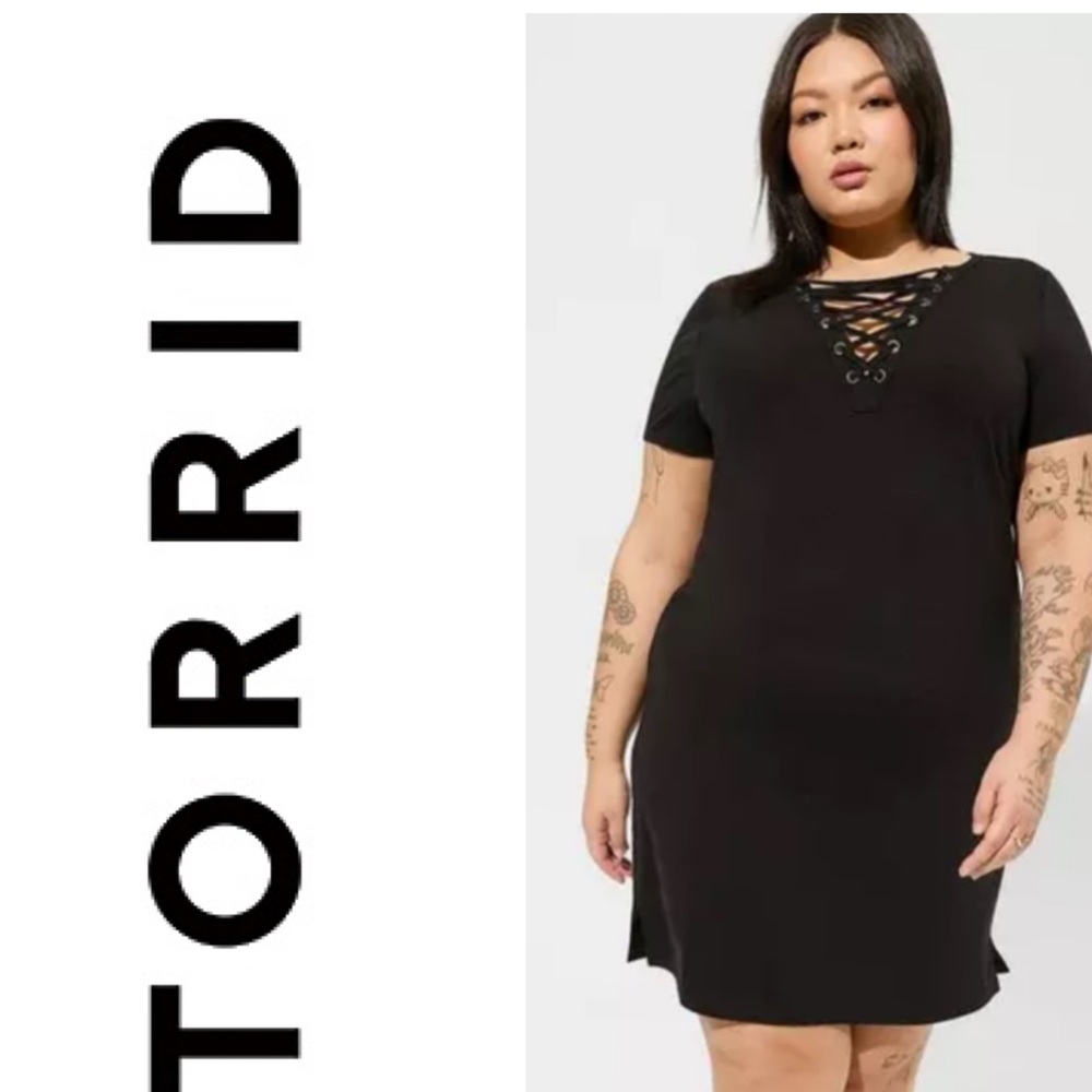TORRID Women’s Mini Jersey Lace Up Shift Slit Dress Black Size 0/L